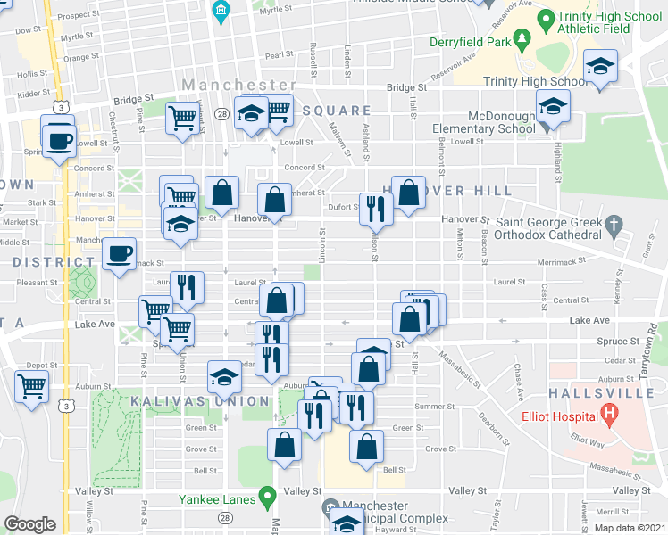map of restaurants, bars, coffee shops, grocery stores, and more near 271 Laurel Street in Manchester