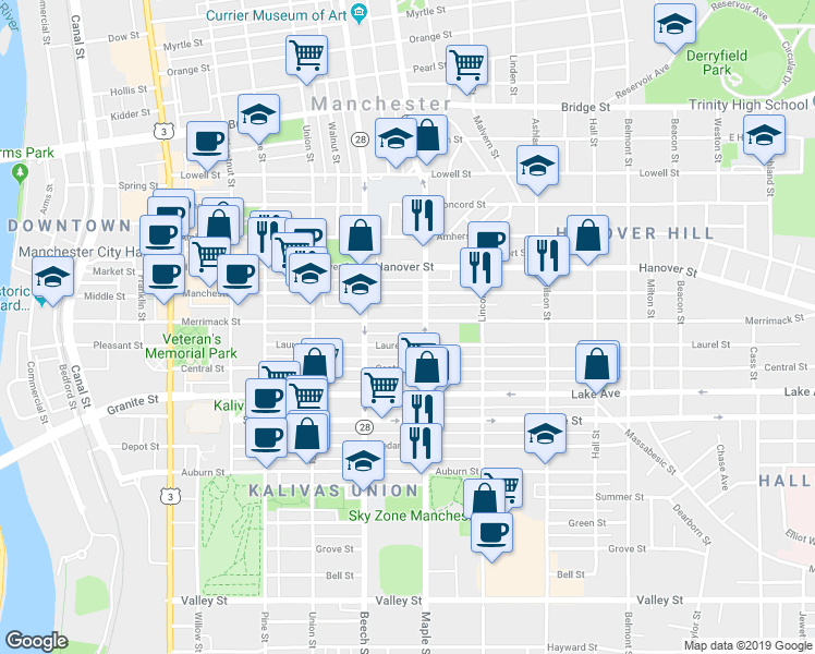 map of restaurants, bars, coffee shops, grocery stores, and more near 185 Laurel Street in Manchester