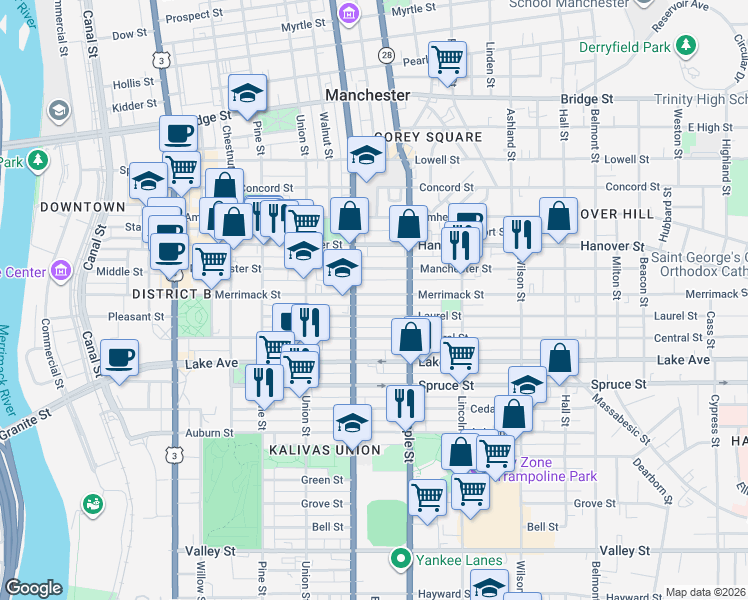 map of restaurants, bars, coffee shops, grocery stores, and more near 185 Laurel Street in Manchester