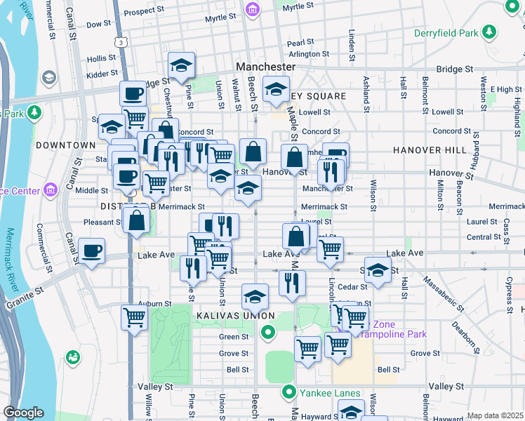 map of restaurants, bars, coffee shops, grocery stores, and more near 147 Laurel Street in Manchester