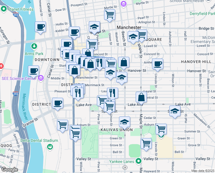 map of restaurants, bars, coffee shops, grocery stores, and more near 75 Laurel Street in Manchester