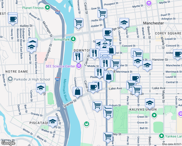 map of restaurants, bars, coffee shops, grocery stores, and more near 95 Pleasant Street in Manchester