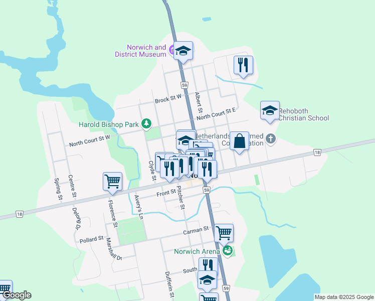 map of restaurants, bars, coffee shops, grocery stores, and more near 7 Washington Street in Norwich