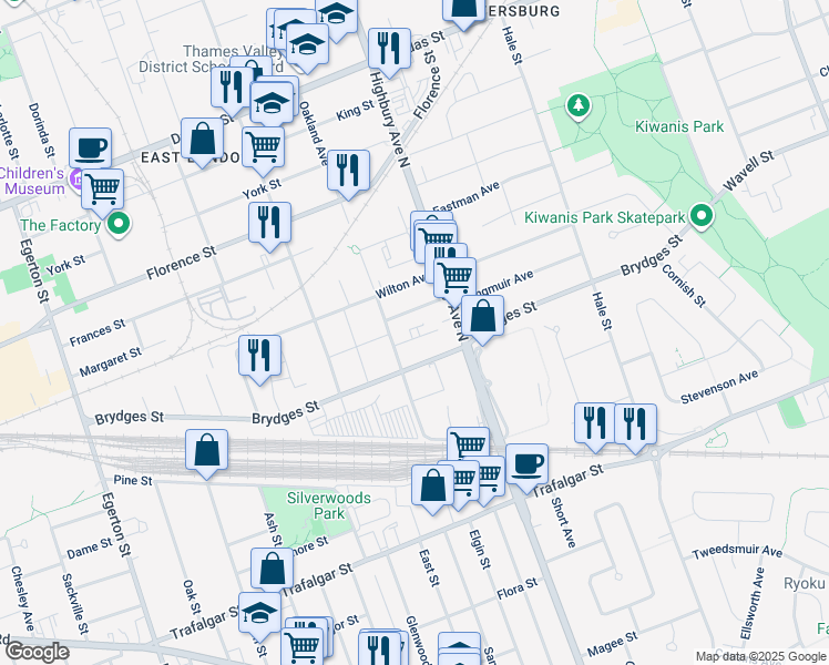 map of restaurants, bars, coffee shops, grocery stores, and more near 1266 Brydges Street in London
