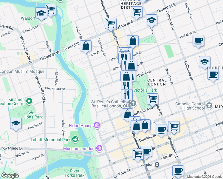 map of restaurants, bars, coffee shops, grocery stores, and more near 0000 Albert Street in London