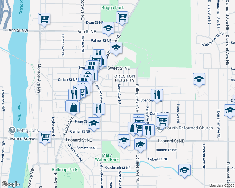 map of restaurants, bars, coffee shops, grocery stores, and more near 343 Spencer Street Northeast in Grand Rapids