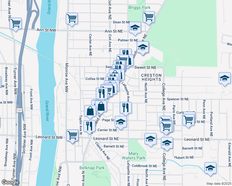 map of restaurants, bars, coffee shops, grocery stores, and more near 223 Spencer Street Northeast in Grand Rapids