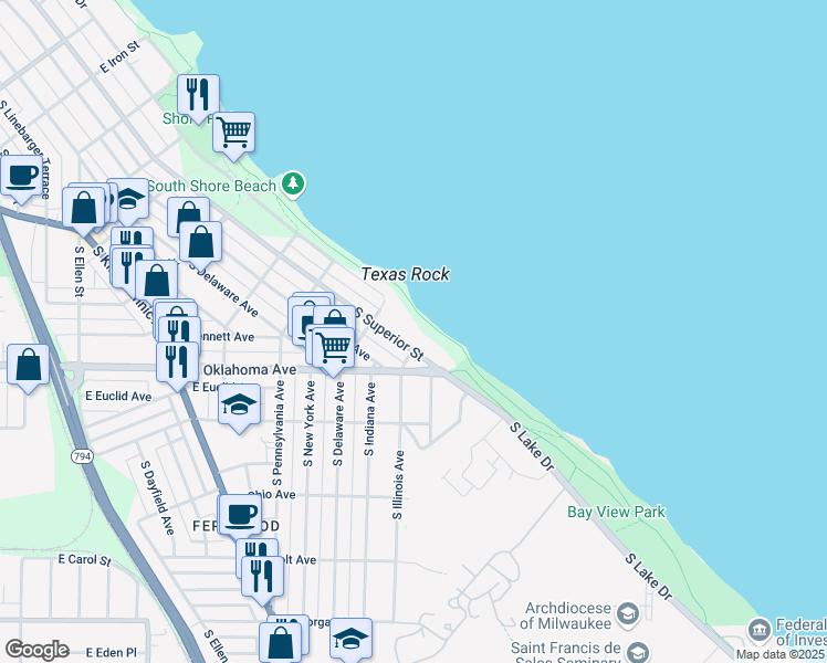 map of restaurants, bars, coffee shops, grocery stores, and more near 3071 South Superior Street in Milwaukee