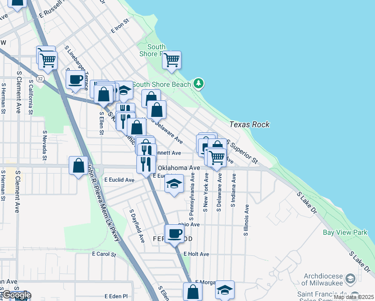map of restaurants, bars, coffee shops, grocery stores, and more near 2334 East Oklahoma Avenue in Milwaukee