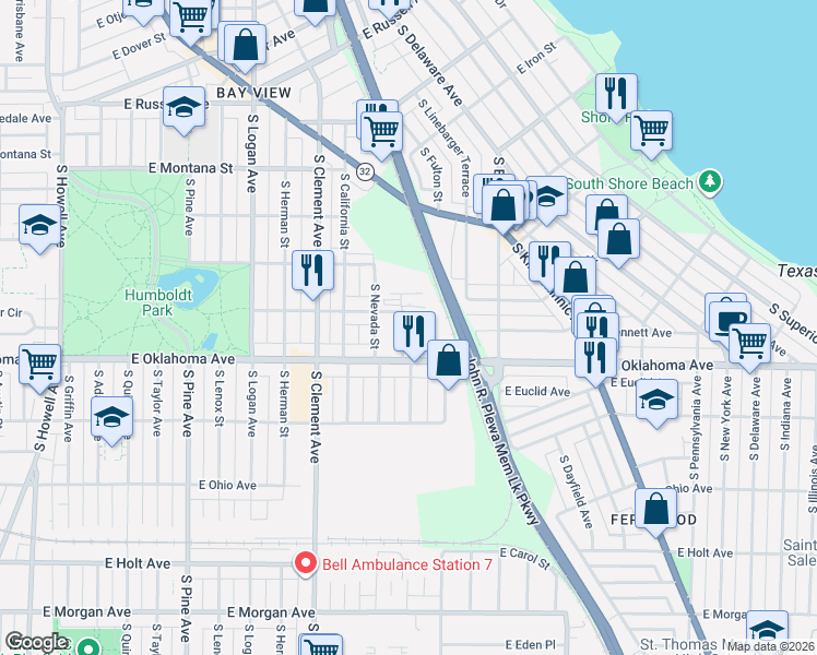 map of restaurants, bars, coffee shops, grocery stores, and more near 1426 East Oklahoma Avenue in Milwaukee