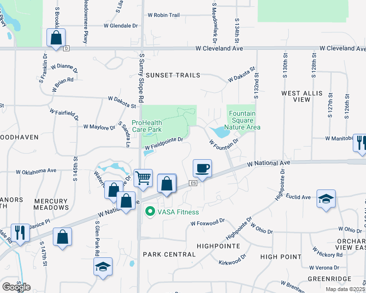 map of restaurants, bars, coffee shops, grocery stores, and more near 13755 West Fieldpointe Drive in New Berlin