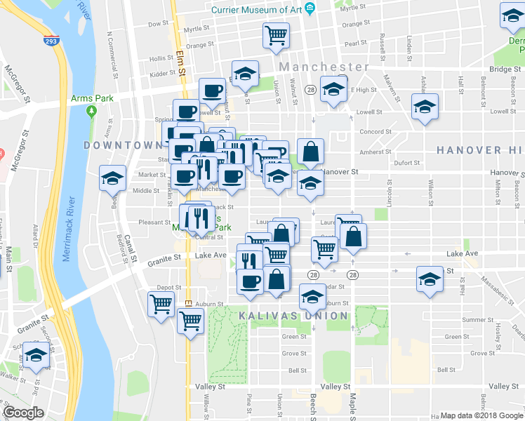 map of restaurants, bars, coffee shops, grocery stores, and more near 167 Merrimack Street in Manchester