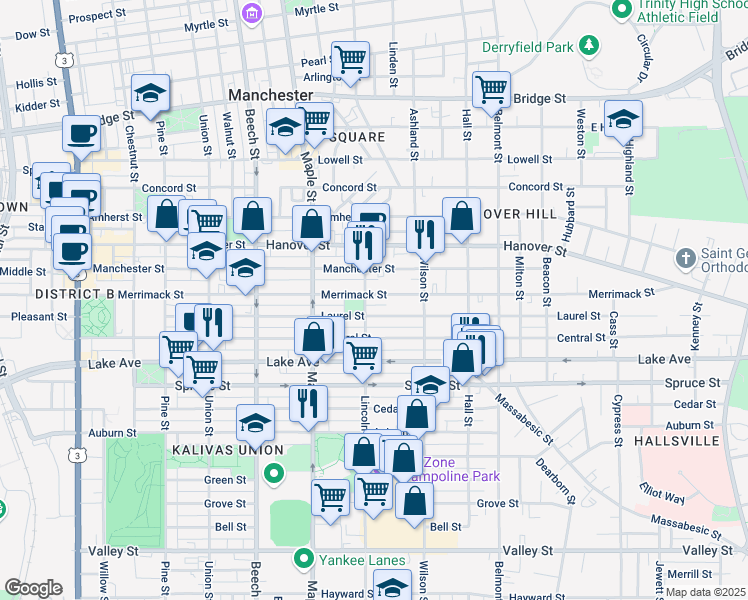 map of restaurants, bars, coffee shops, grocery stores, and more near 355 Merrimack Street in Manchester