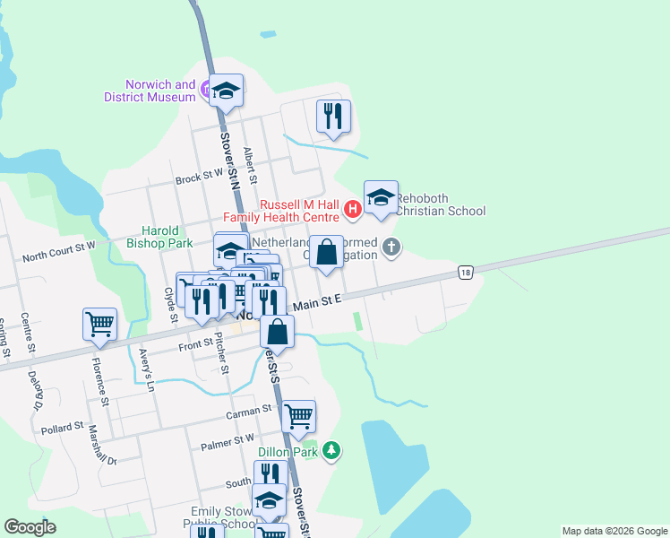 map of restaurants, bars, coffee shops, grocery stores, and more near 29 Main Street East in Norwich