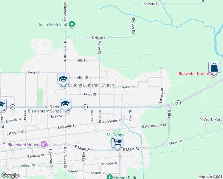 map of restaurants, bars, coffee shops, grocery stores, and more near 615 Jones Street in Ionia
