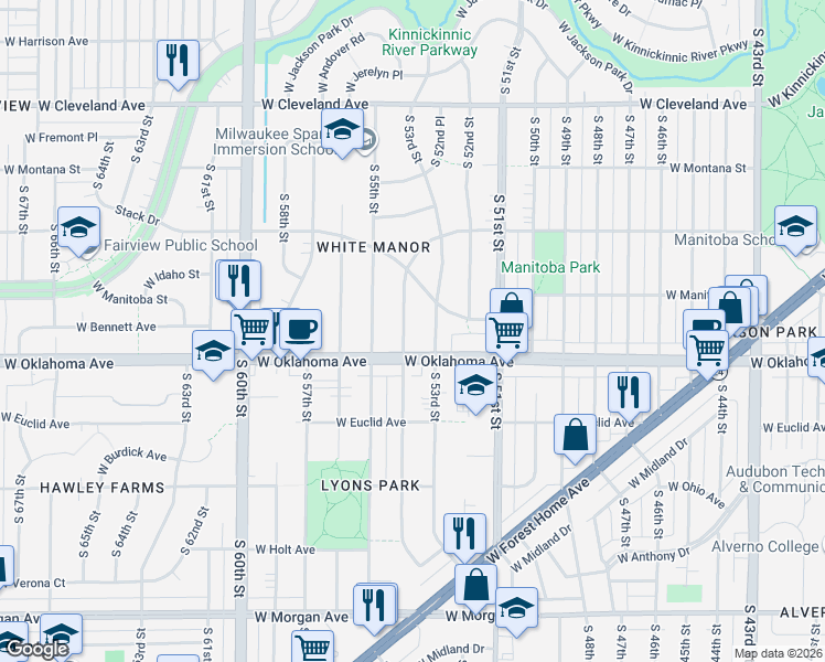 map of restaurants, bars, coffee shops, grocery stores, and more near 3076 South 54th Street in Milwaukee