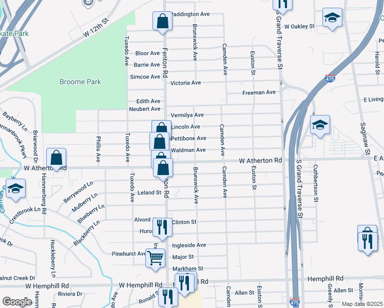 map of restaurants, bars, coffee shops, grocery stores, and more near 3706 Brunswick Avenue in Flint