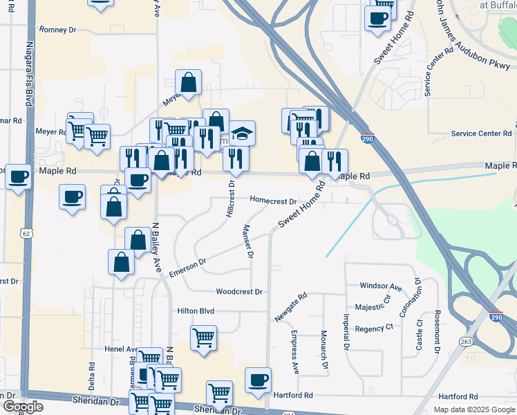 map of restaurants, bars, coffee shops, grocery stores, and more near 127 Manser Drive in Buffalo