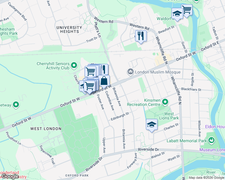 map of restaurants, bars, coffee shops, grocery stores, and more near 180 Britannia Avenue in London