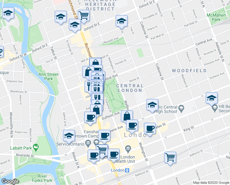 map of restaurants, bars, coffee shops, grocery stores, and more near 580 Clarence Street in London