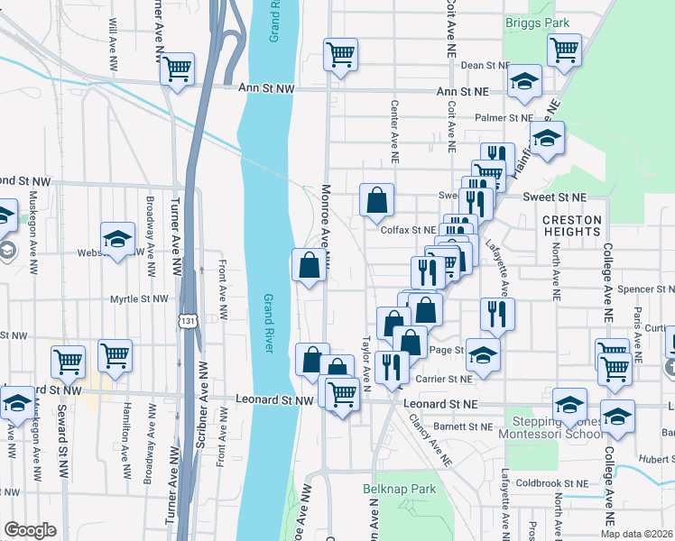 map of restaurants, bars, coffee shops, grocery stores, and more near 11 Caledonia Street Northwest in Grand Rapids