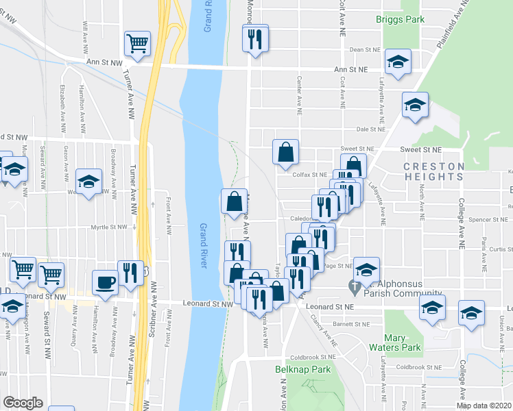 map of restaurants, bars, coffee shops, grocery stores, and more near 1430 Monroe Avenue Northwest in Grand Rapids