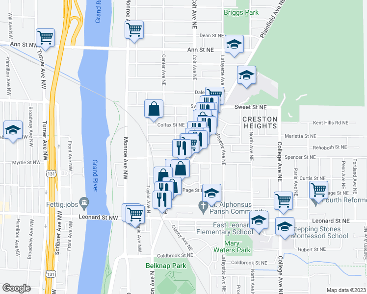 map of restaurants, bars, coffee shops, grocery stores, and more near 116 Quimby Street Northeast in Grand Rapids