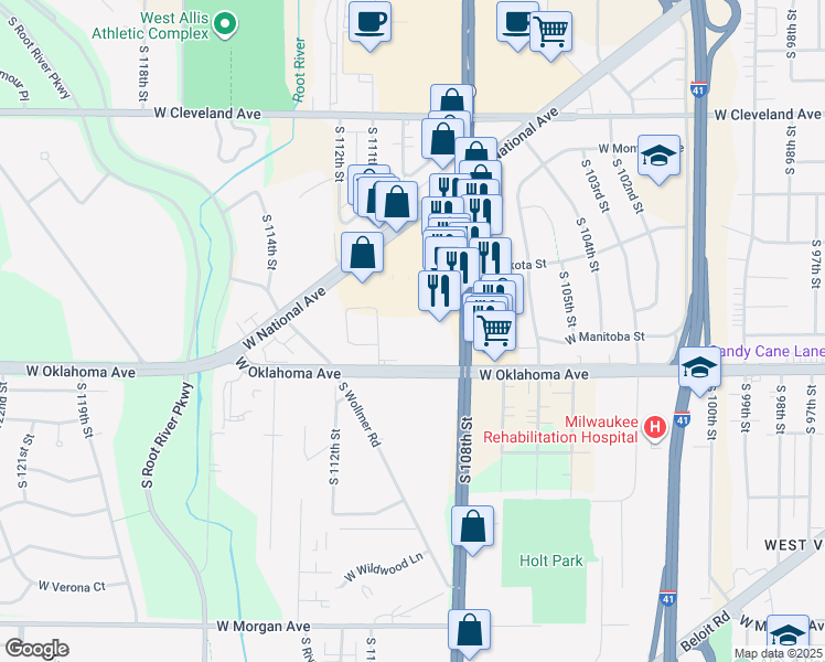 map of restaurants, bars, coffee shops, grocery stores, and more near 10928 West Oklahoma Avenue in West Allis