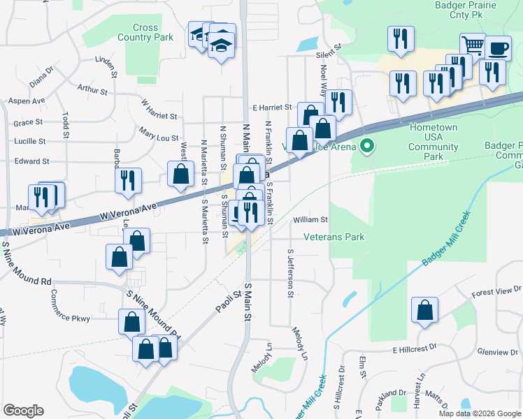 map of restaurants, bars, coffee shops, grocery stores, and more near 101 Railroad Street in Verona