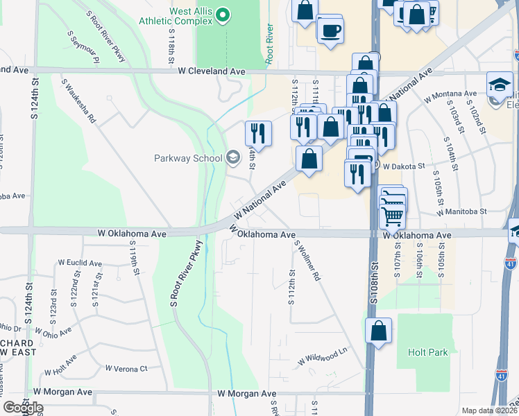 map of restaurants, bars, coffee shops, grocery stores, and more near 11322 West National Avenue in West Allis