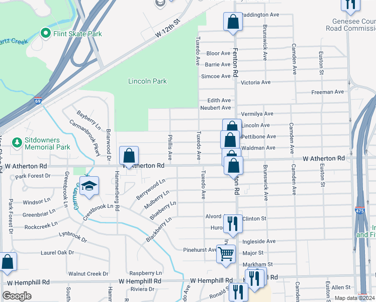 map of restaurants, bars, coffee shops, grocery stores, and more near 1222 Waldman Avenue in Flint
