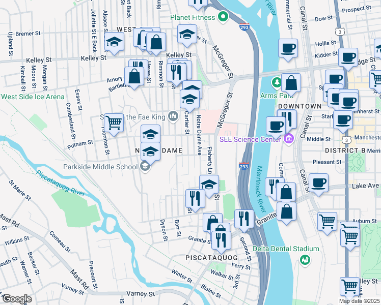 map of restaurants, bars, coffee shops, grocery stores, and more near 226 Cartier Street in Manchester