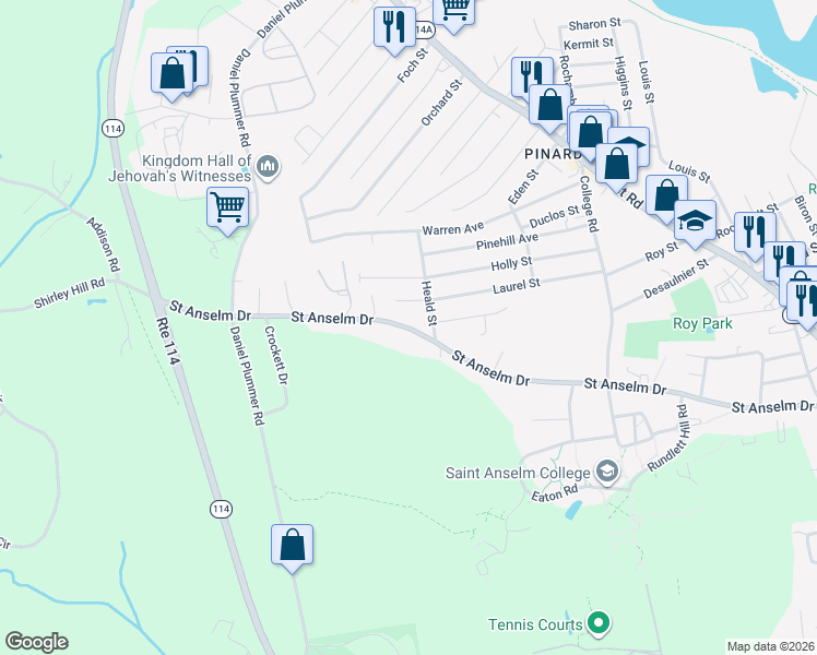 map of restaurants, bars, coffee shops, grocery stores, and more near 174 Saint Anselm Drive in Goffstown