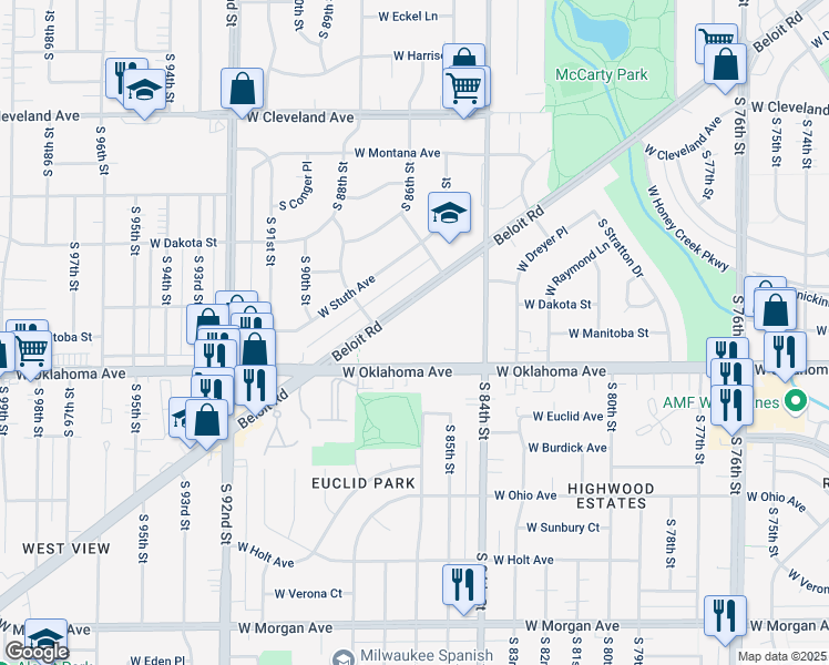 map of restaurants, bars, coffee shops, grocery stores, and more near 8615 Beloit Road in West Allis