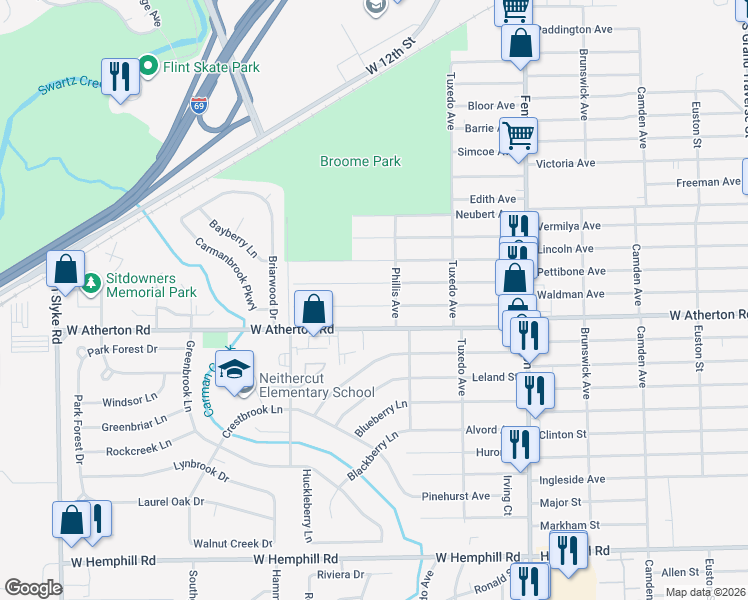 map of restaurants, bars, coffee shops, grocery stores, and more near 1502 Pettibone Avenue in Flint
