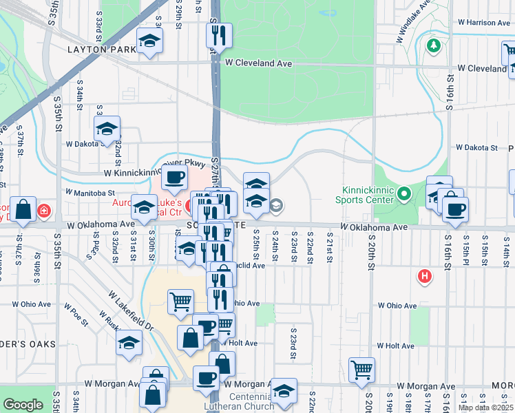 map of restaurants, bars, coffee shops, grocery stores, and more near 2500 West Oklahoma Avenue in Milwaukee