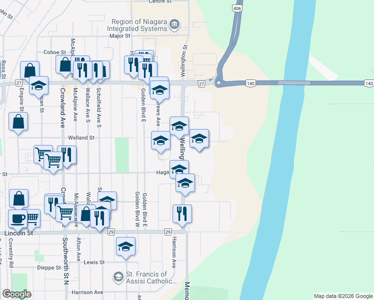 map of restaurants, bars, coffee shops, grocery stores, and more near 106 Wellington Street in Welland