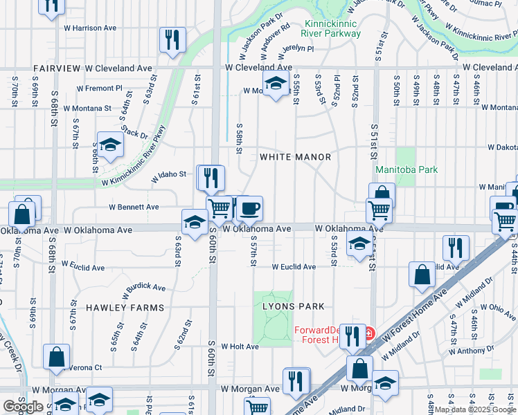 map of restaurants, bars, coffee shops, grocery stores, and more near 5634 West Oklahoma Avenue in Milwaukee