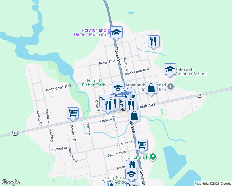 map of restaurants, bars, coffee shops, grocery stores, and more near 12 Washington Street in Norwich