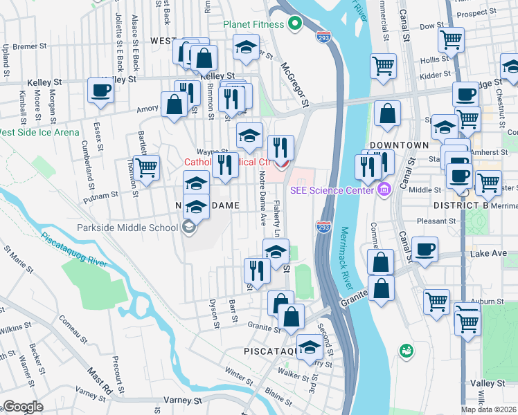 map of restaurants, bars, coffee shops, grocery stores, and more near 30 Putnam Street in Manchester