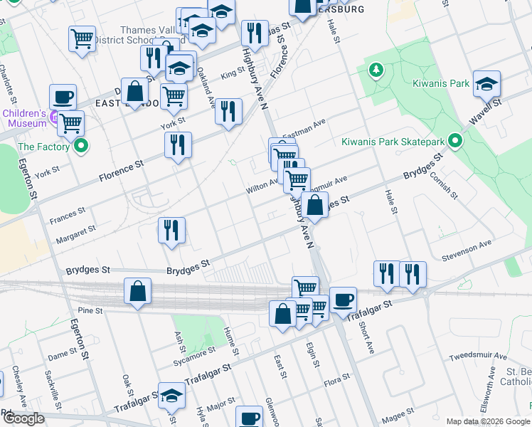 map of restaurants, bars, coffee shops, grocery stores, and more near 1276 Langmuir Avenue in London