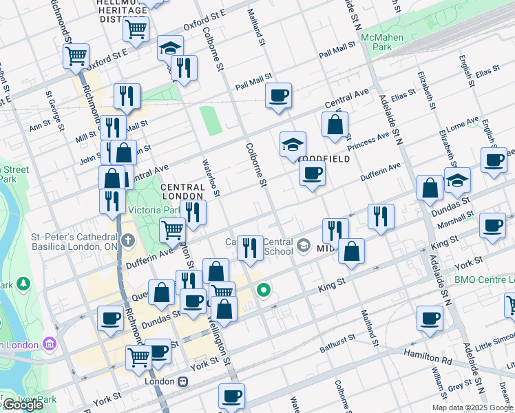 map of restaurants, bars, coffee shops, grocery stores, and more near 515 Colborne Street in London