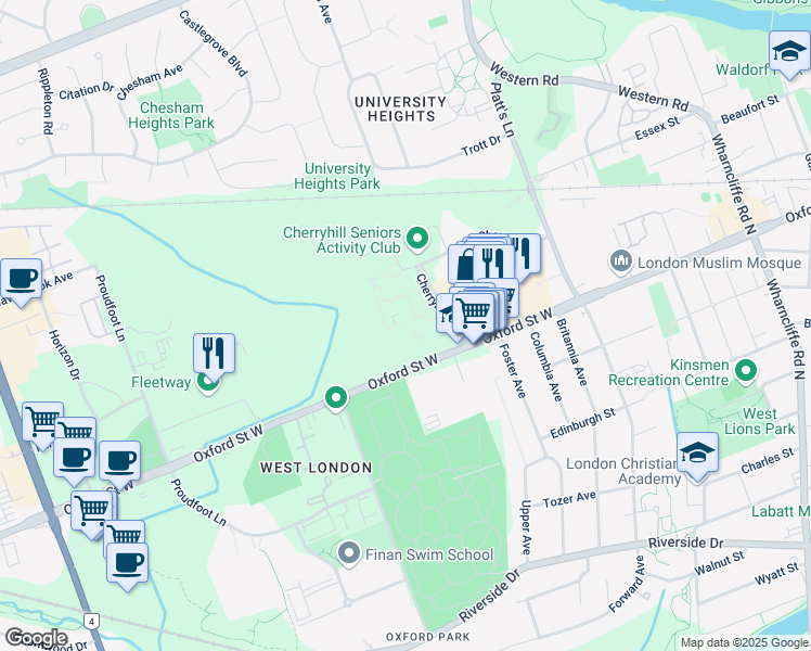 map of restaurants, bars, coffee shops, grocery stores, and more near 115 Cherryhill Boulevard in London