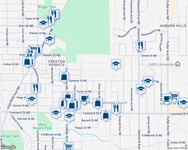 map of restaurants, bars, coffee shops, grocery stores, and more near 641 Marietta Street Northeast in Grand Rapids