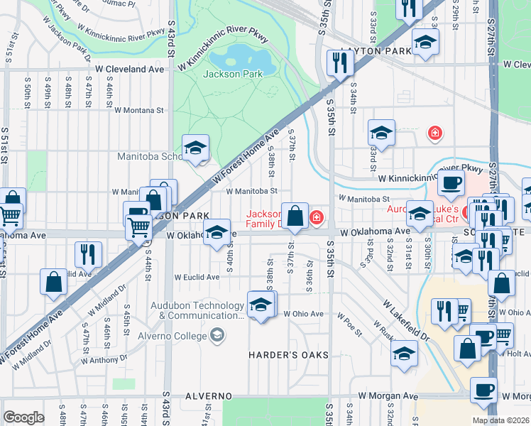 map of restaurants, bars, coffee shops, grocery stores, and more near 3010 South 38th Street in Milwaukee