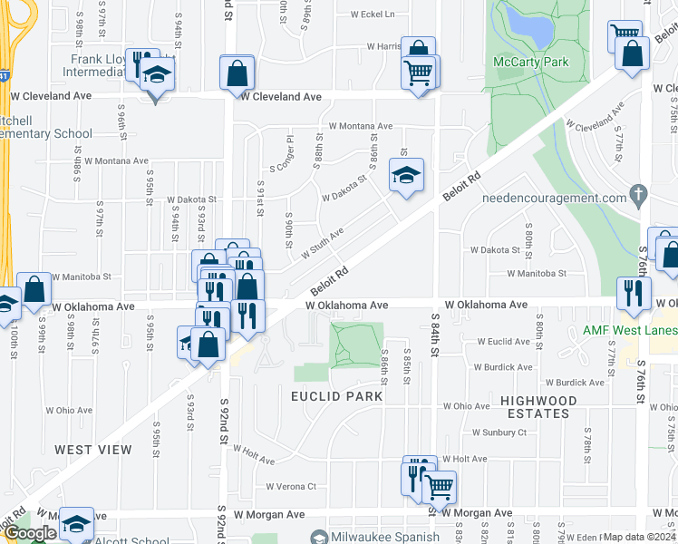 map of restaurants, bars, coffee shops, grocery stores, and more near 8632 Beloit Road in West Allis