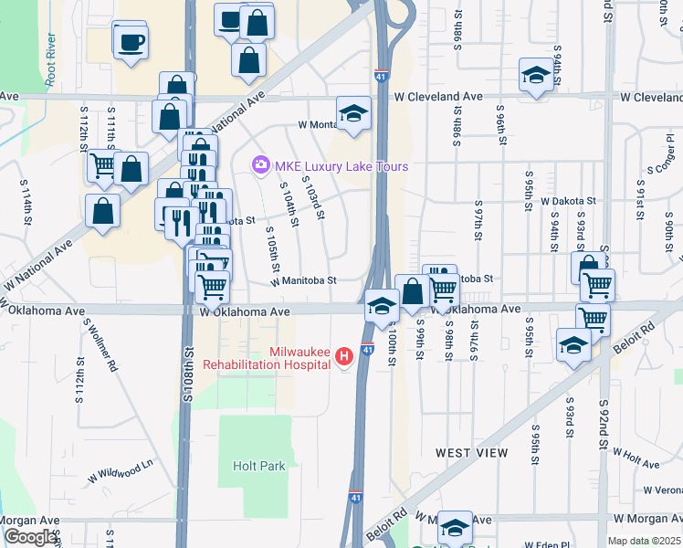 map of restaurants, bars, coffee shops, grocery stores, and more near 2974 South 102nd Street in West Allis