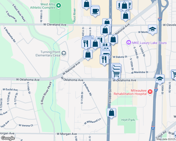 map of restaurants, bars, coffee shops, grocery stores, and more near 11135 West National Avenue in West Allis