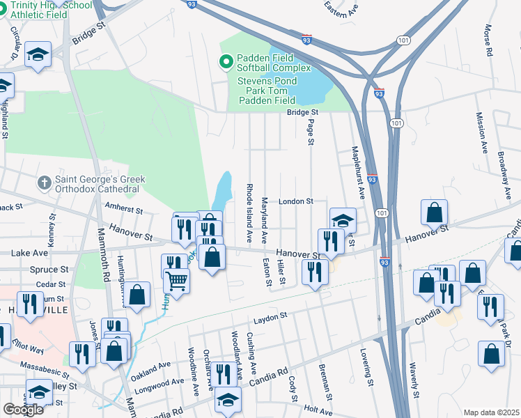 map of restaurants, bars, coffee shops, grocery stores, and more near 139 Rhode Island Avenue in Manchester