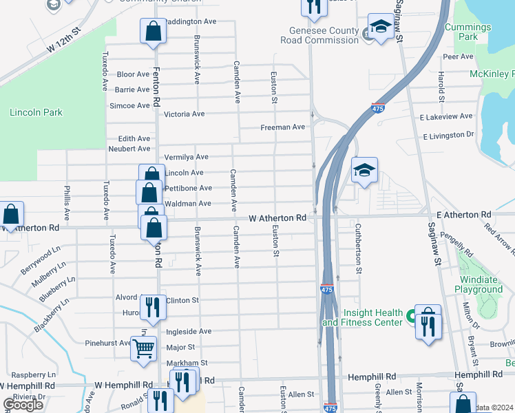 map of restaurants, bars, coffee shops, grocery stores, and more near 723 Waldman Avenue in Flint
